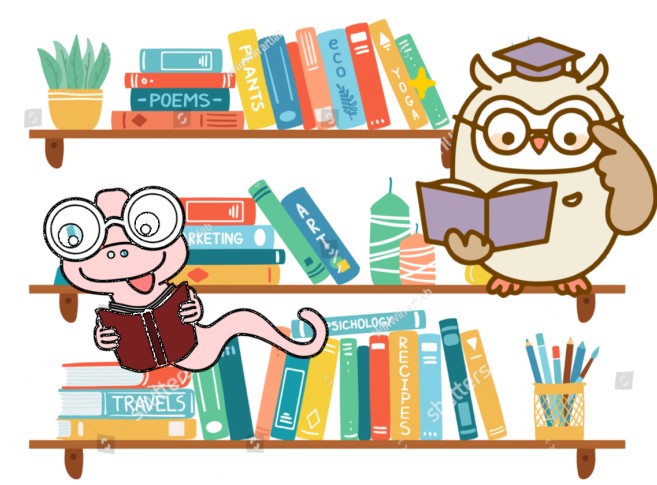 An owl and a earthworm reading