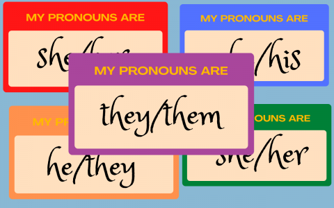 five name tags with different pronouns written on them